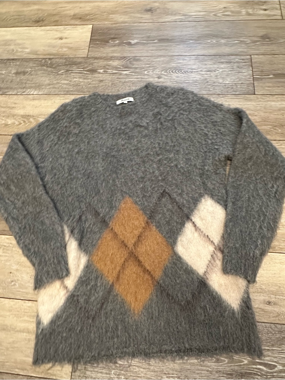 Madewell Cozy Grey Argyle Mohair-Blend Sweater